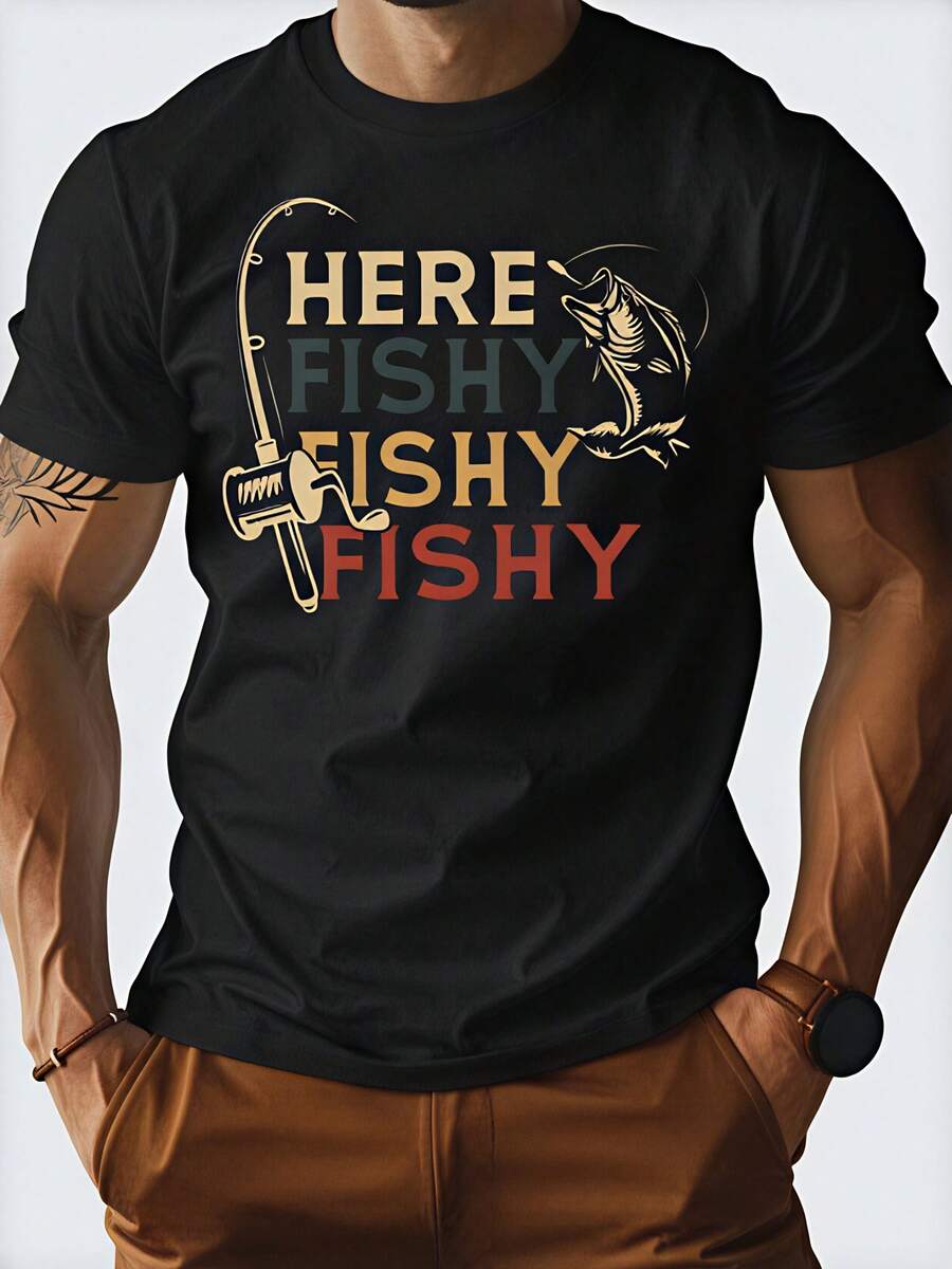 2026 Festival di Primavera Bestseller T-Shirt Retrò da Uomo con Motivo a Pesci - Caratterizzata dal Design "Here Fishy Fishy" - nero - Visualizzare 1