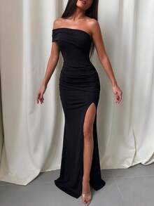 Fashion Sexy Backless One Shoulder Strapless Slit Ruched Elegant Long Bodycon Dress Summer Dress Black Evening Party Dress For Women Clothes - Black - View 3