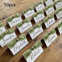 50pcs Green Ribbon Bow Blank Folded Table Cards, Hand-Tied Chiffon Ribbon, Suitable For Wedding, Bridal Shower, Engagement Party, Valentine's Day, Dinner Table, Banquet, Place Cards - View 12