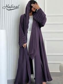 Women's Arabic Abaya Striped Embroidered Cardigan Jacket With Headscarf Spring - Dark Purple - View 1