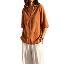 Camiseta casual de cuello para mujer en mezcla premium de algodón y lino - Caqui - Ver 5