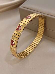 1Pc/Set Golden Stainless Steel Retro Evil Eye Heart Enamel Charm Stretch Bangle Bracelet For Women,Y2K,Daily/Boho/Party,Christmas, Valentine Birthday - Multicolor - View 6