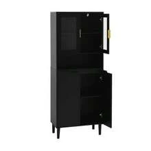 Tall Bookcase With Tempered Glass Door And Adjustable Shelf, 4 Doors, Lacquered MDF Furniture, Black, Storage For Living Room And Bedroom - Black - View 9