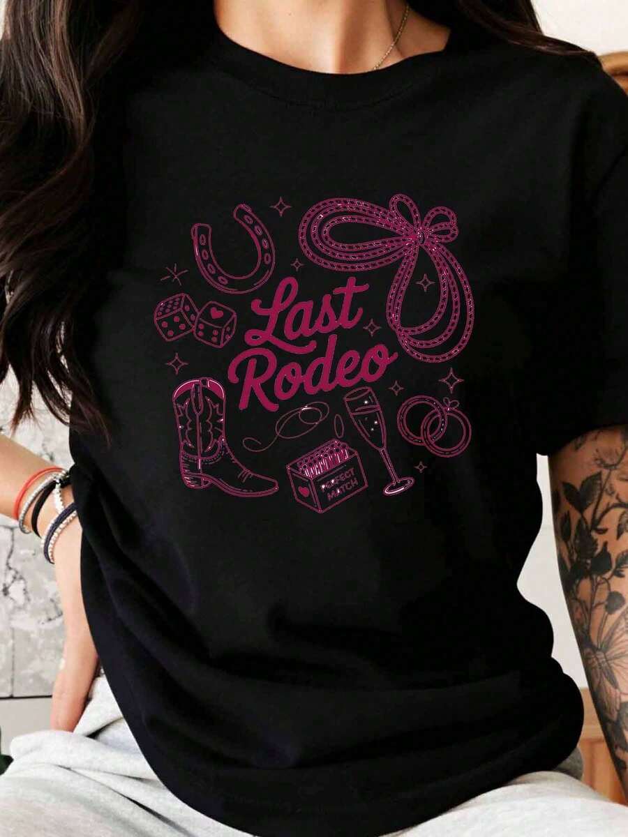 'Last Rodeo' Western-Themed Bachelorette Party Shirt, Bachelorette Party Gift, Women's T-Shirt, Wedding Celebration Outfit, Cowboy Boot, Dice, 100% Cotton - 黑色 - 查看 1
