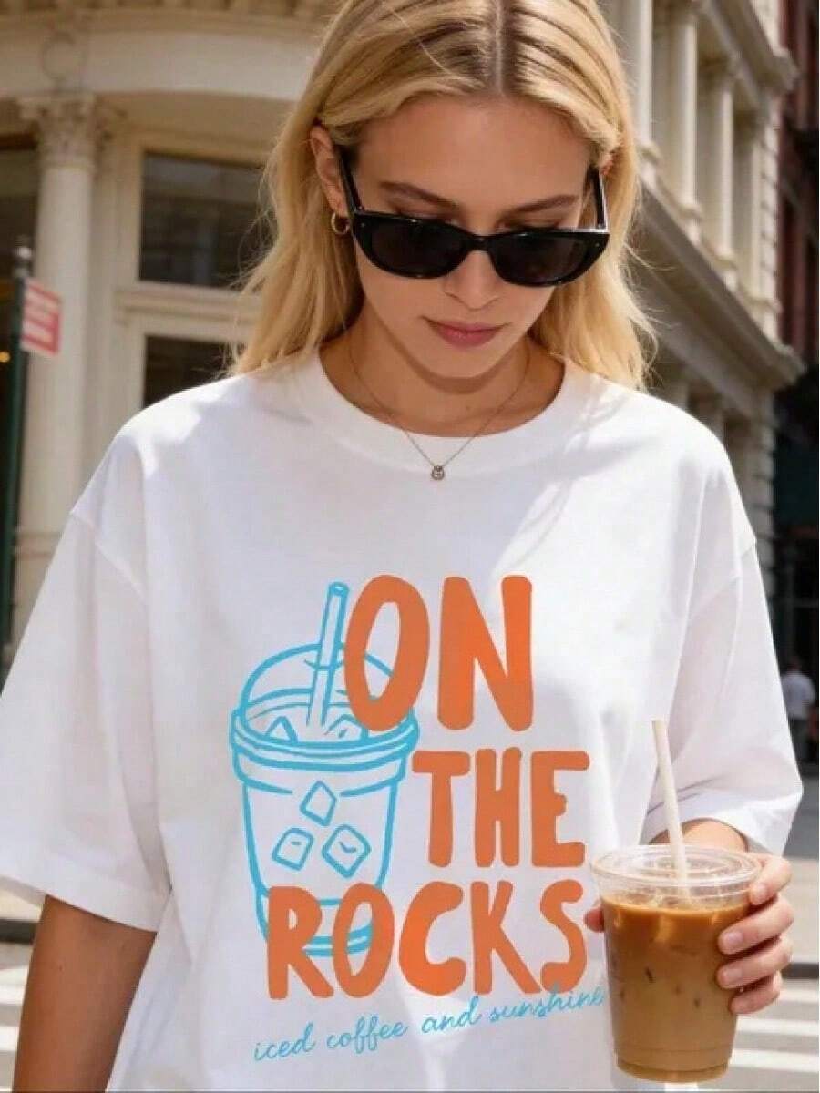 1 camiseta de "Café Helado y Sol", Camiseta "On The Rocks", Camiseta para Amantes del Café, Camiseta de Verano, Camiseta Bonita con Vaso de Café, Camiseta de Café. - Blanco - Ver 1
