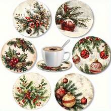 Frohe Weihnachten 2D bedrucktes Untersetzer-Set, Weihnachtsmann, Rentier, Kiefernzapfen und andere Weihnachtselemente Design, geeignet für Heimküchendekoration Zubehör, Outdoor Gartenbedarf, verschiedene Feiertagspartys, Weihnachtsgeschenke - PET-Untersetzer - 1858 - Übersicht 11