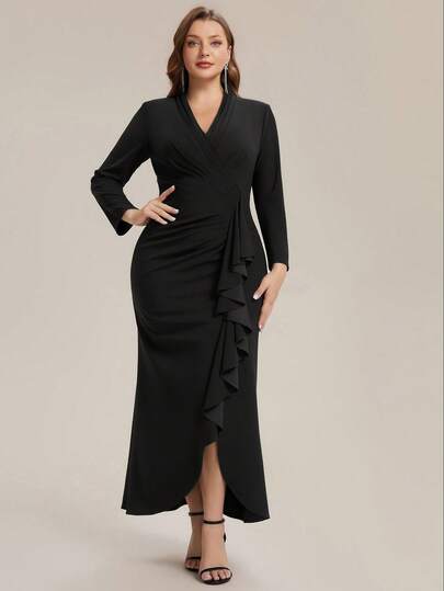 EVERPRETTY Đầm dự tiệc nữ size lớn thanh lịch tay dài cổ chữ V co giãn cao, bèo nhún gấu không đối xứng, phù hợp cho khách mời đám cưới mùa thu, tiệc tối, đám cưới