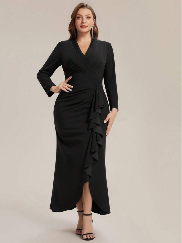 EVERPRETTY Elegante vestido formal de talla grande para mujer con manga larga, cuello en V y alta elasticidad, con volantes y bajo asimétrico, adecuado para invitada de boda en otoño, fiesta de noche y boda