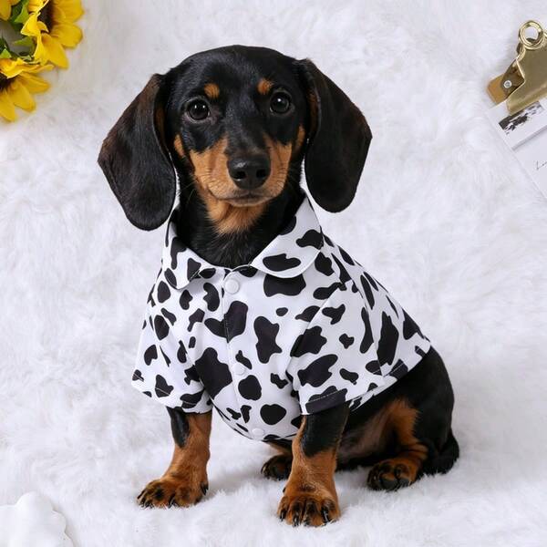 1 pièce Vêtement pour animaux de compagnie en tricot à imprimé vache, chemise pour chien douce et respirante avec boutons, tenue de printemps/été, convient aux races de chiens extra-petits, petits et moyens, s'adapte aux Pomeranian, Chihuahua, Yorkshire Terrier, Teckel, Caniche et autres petits chiens, chats, tenue quotidienne, tenue de fête et séance photo