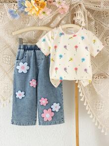 2件組女嬰可愛花卉與愛心印花圓領短袖T恤搭配3D刺繡花朵牛仔風直筒長褲套裝，夏季 - 香檳色 - 查看 1