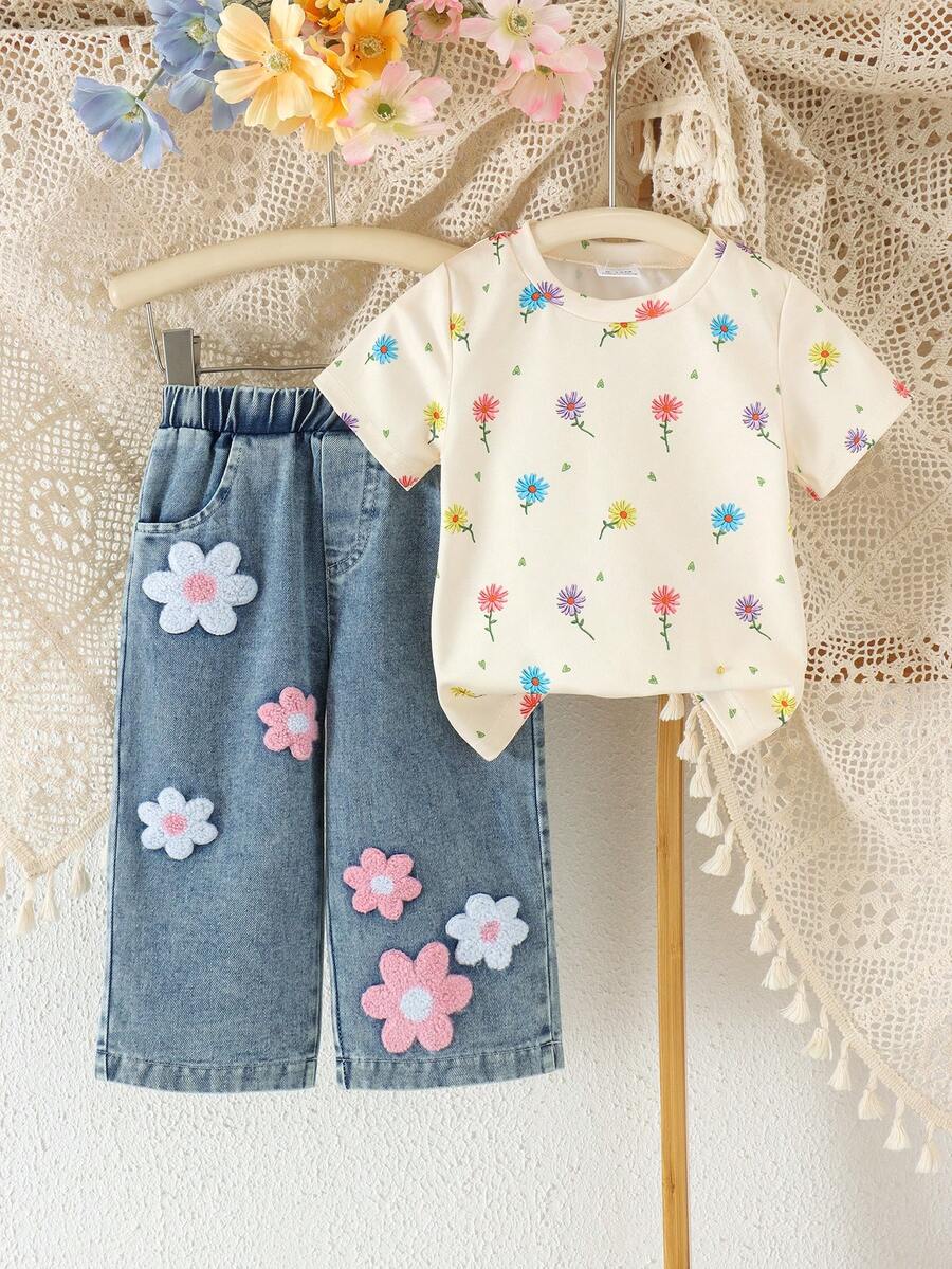 2件組女嬰可愛花卉與愛心印花圓領短袖T恤搭配3D刺繡花朵牛仔風直筒長褲套裝,夏季 - 香檳色 - 查看 1