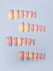 24pcs Short Square 3D Gel Nail Art, Floral Design With Pearl French Style Fake Nails Set, Includes 1 Double-Sided Adhesive And 1 Nail File, French Manicure, Suitable For Women And Girls Daily Life And Party Use - Multicolor - View 3