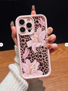 1件時尚豹紋百合花手機殼，適用於 iPhone 17 16 15 14 13 12 11 系列，鑽石沙軟殼保護殼 - 粉色 - 查看 4
