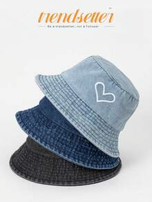 1件女款愛心刺繡牛仔帽桶帽，可正反穿著休閒遮陽帽，輕量透氣夏季旅行街頭風桶帽 - A - 查看 3