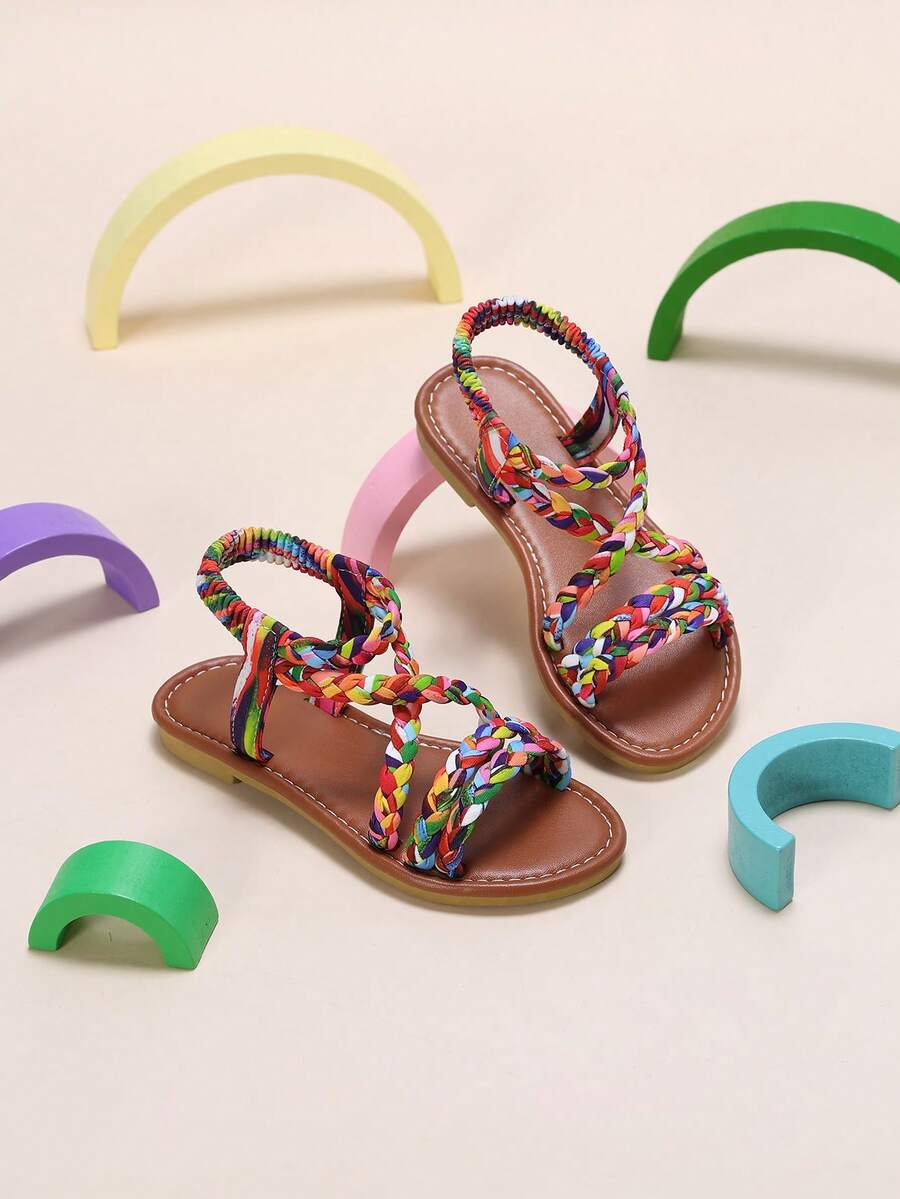 Children's Summer Multi-Strap Dopamine Colorful Cross-Twist Braided Slip-On Flat Sandals, Beach Casual Sandals Suitable For Travel - Multicolor - View 1