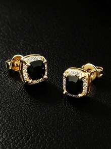 1pc Vintage Square Black Zirconia Men's Stud Earring, Gold Plated Couple Earring, Daily Music Festival Party Hip-Hop Accessory, Anniversary Birthday Gift For Boyfriend - Earrings - View 3