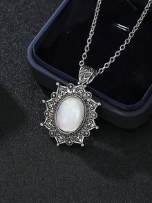 Eterna Glow 1件復古時尚幾何水滴形仿月長石吊墜項鍊，雕花復古蕾絲彩色寶石項鍊，適合女性日常配戴 - 風格3 - 查看 15