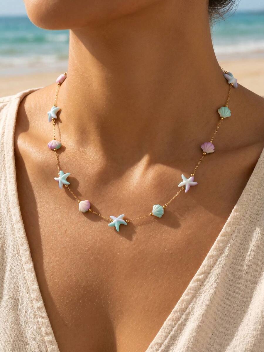 1 pieza Collar de cadena de acero inoxidable con estilo de vacaciones de verano, con estrella de mar degradada y concha, cadena fina de color azul claro y púrpura claro estilo macaron, con cadena de extensión ajustable, joyería de cuello para mujer, adecuado para playa, viajes, uso diario, citas, atuendo minimalista de nicho - Multicolor - Ver 1