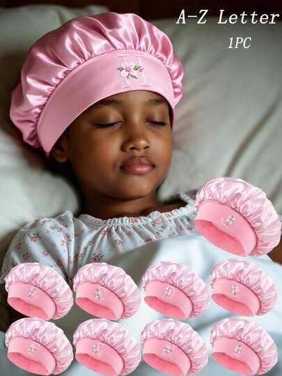 1pc Children A-Z Letter Silk Bonnet Hair Wrap Head Cover Bonnet Silk Satin Bonnet, Wide-Brimmed Sleep Cap, For Daily Home Sleep