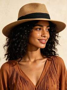 1pc Vacation Casual Woven Jazz Hat / Straw Hat,Summer,Beach - Multicolor - View 3