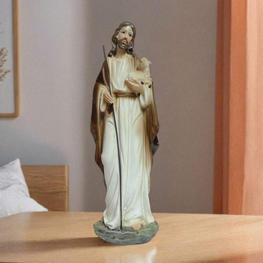 Estatua de 6 pulgadas de Jesús sosteniendo un cordero, decoración religiosa moderna para el hogar, estatua del Buen Pastor para escritorio interior, regalo religioso