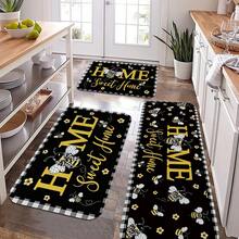 [Holiday Gift] 1pc, 1pc Farmhouse Kitchen Mat With Black Background And Yellow Bee Decorative Pattern, Holiday Gift, Festive Party Decoration Accessories, Soft Flannel Material For Sink Area, Hallway Runner Mat, Suitable For Living Room, Bedroom, Din - Multicolor - View 1