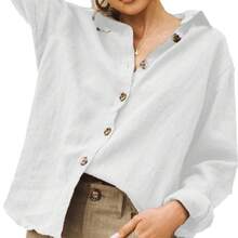 Spring/Summer 2026, European And American Fashion, Women's Loose Fit Long Sleeve Shirt With Reversible Collar In Cotton And Linen - 灰色 - 查看 5