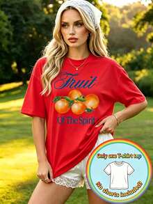 Camiseta de manga corta 100% algodón estilo Y2K para mujer, talla grande, top de verano para mujer, con ilustración naranja dibujada a mano en acuarela y estampado "Fruit Of The Spirit", hol - Rojo - Ver 1