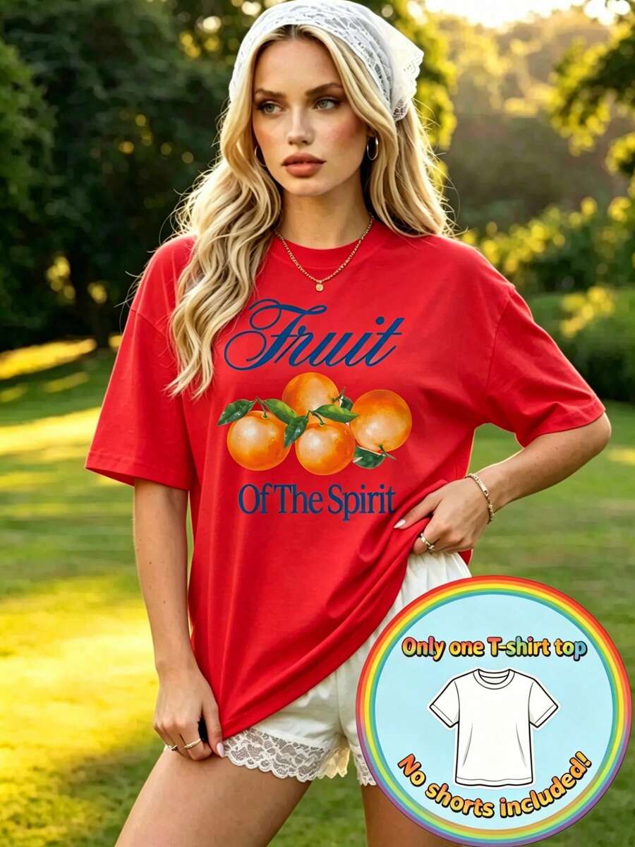 Camiseta de manga corta 100% algodón estilo Y2K para mujer, talla grande, top de verano para mujer, con ilustración naranja dibujada a mano en acuarela y estampado "Fruit Of The Spirit", hol - Rojo - Ver 1