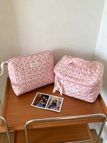 Cute Dot Heart Quilted Cosmetic Bag Large Capacity Storage Bag Skin Care Bag With Inner Mesh Pocket Multi Functional Storage Bag Pen Bag Purse Bag - Baby Pink - View 17