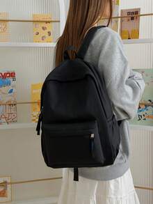 女款極簡黑色尼龍後背包，輕量防水商務通勤日常使用，多口袋大容量休閒後背包，適合辦公室、工作、旅行、學校 - 黑色 - 查看 7