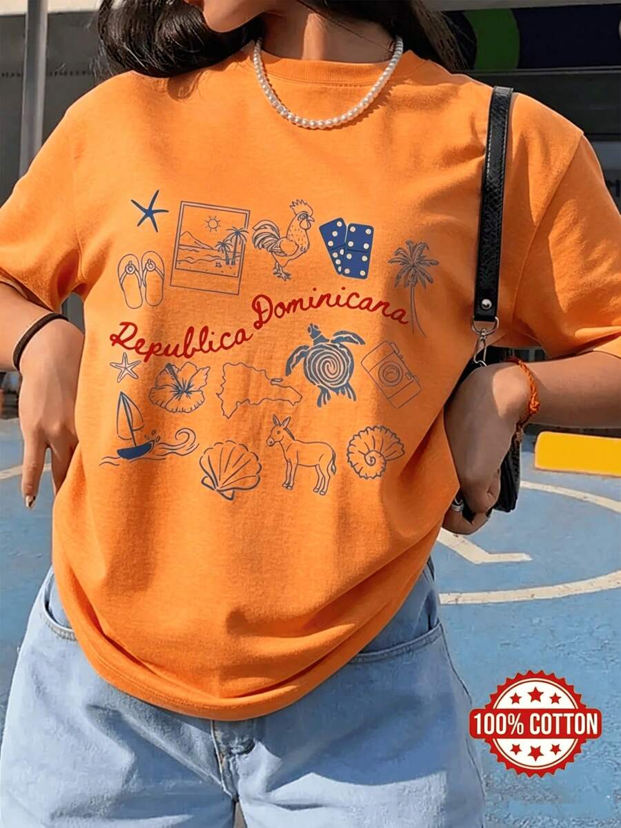 Nouveau T-shirt pour femmes, T-shirt surdimensionné pour femmes pour le printemps/été, style d'illustration simple, tenue d'été pour femmes de la République Dominicaine. - Orange - Voir 1