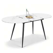 Extendable Dining Table And Chairs Set 6, 120-160cm Oval Marble Effect Table With 6 Beige Upholstered PU Chairs For Dining Room, Kitchen - 6 PU Beige - View 10