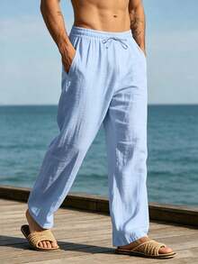 Pantalones largos casuales sueltos de lino tejido liso para hombres, adecuados para primavera/otoño y verano - verde hierba - Ver 1