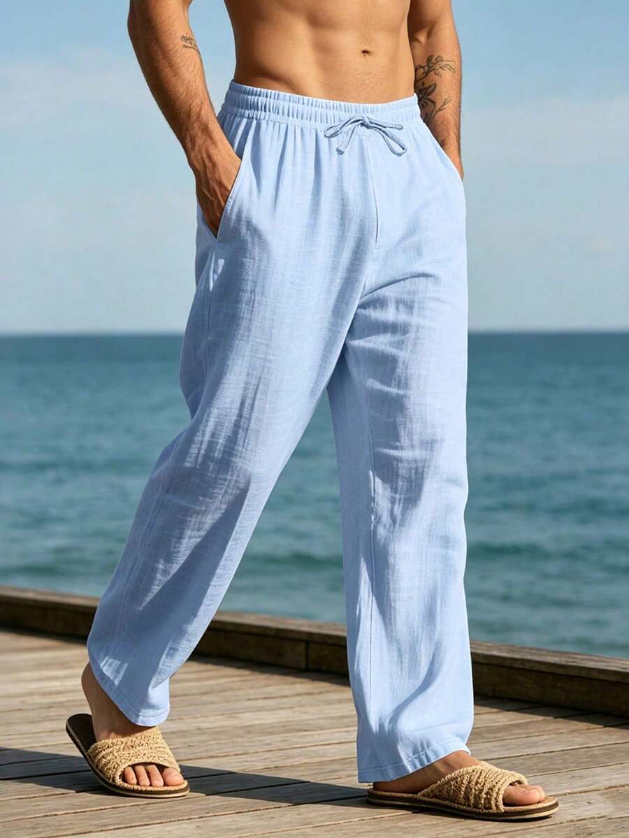 Pantalones largos casuales sueltos de lino tejido liso para hombres, adecuados para primavera/otoño y verano - verde hierba - Ver 1