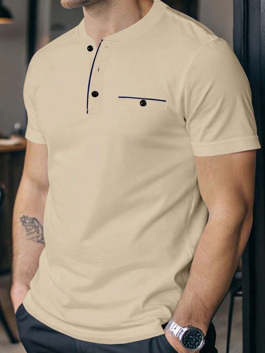 Manfinity Homme Men's Casual Short Sleeve Button-Down Shirt With Half Wallet - BLACK AND RED - View 1