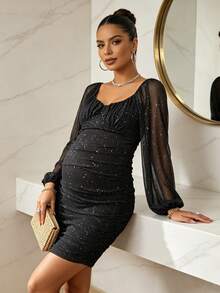 Maternity Metallic Lantern Sleeve Ruched Fitted Dress Black - Black - View 2