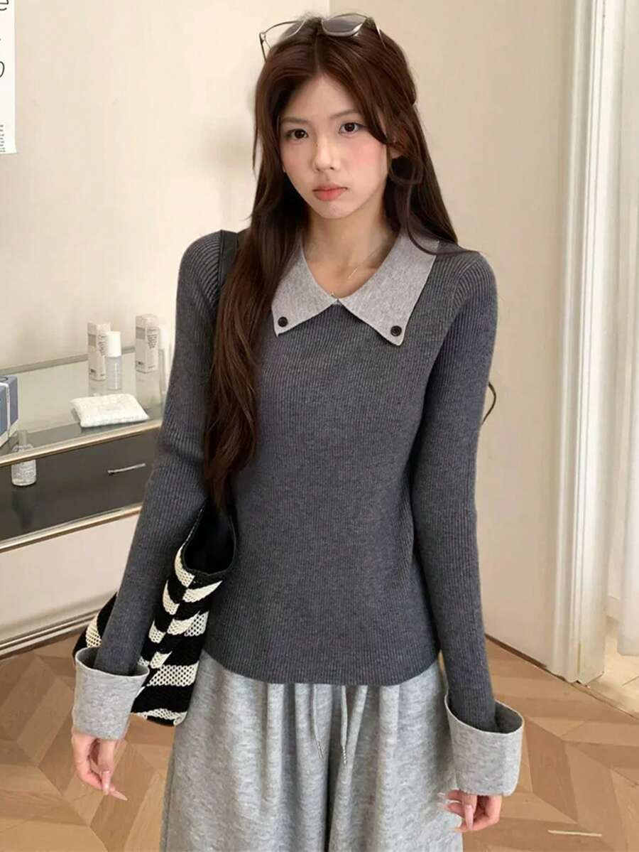 Y6Y Sweater Rajut Lengan Panjang Patchwork Blok Warna Musim Semi Wanita, Atasan Lapisan Dalam 2 In 1 dengan Kerah Niche - Grey - View 1