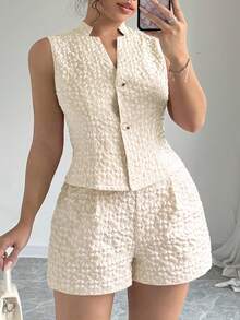 Camiseta sin mangas y shorts jacquard liso.Conjunto elegante de 2 piezas.Fresco, moderno y perfecto para looks diarios. - Rojo - Ver 10