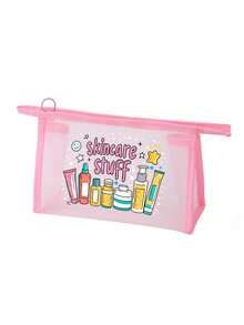 Mesh Makeup Bag With Cosmetic Mask Pattern, With "Skincare Products" Letter Pattern, Multi-Functional Makeup Bag, Portable Storage Bag, Makeup Bag, Skincare Bag, Travel Essentials, Dorm Supplies, Bathroom Storage, Jewelry Storage, Lip Gloss And Cosmetic Storage Bag, School Supplies Bag, Makeup Bag Holiday Essentials, Cosmetic Storage, Wedding Bride Gift, Mother's Day Gift, Birthday Gift, Gift For Friends And Teachers - Multicolor - View 12