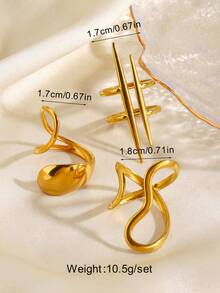 3pcs Stainless Steel 18K Gold Plated Minimalist Fashion Geometric Line Rings Set Suitable For Women's Daily Wear - Multicolor - View 2