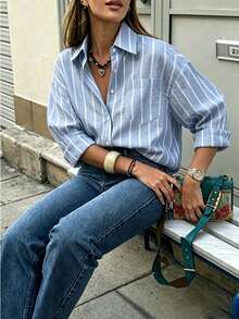 Striped Dropped Shoulder Loose Patchwork Pocket Shirt Spring - Blue White Stripes - View 1