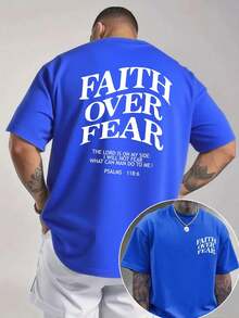 Men's Graphic T-Shirt, Faith Over Fear, Everyday Wear, 100% Cotton, Unisex, Gift Idea For Him Or Her, Streetwear Design, Comfortable Casual Top - 藍色 - 查看 1