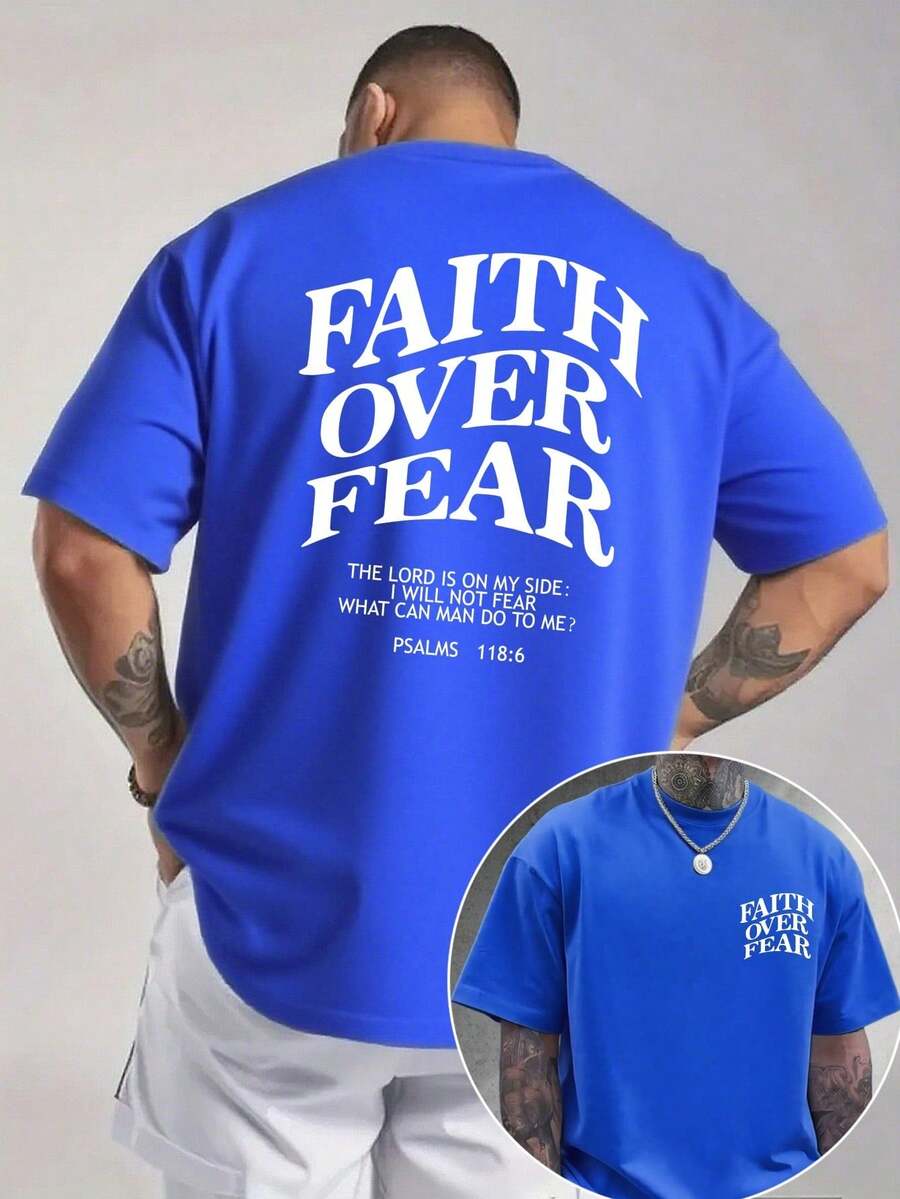 Men's Graphic T-Shirt, Faith Over Fear, Everyday Wear, 100% Cotton, Unisex, Gift Idea For Him Or Her, Streetwear Design, Comfortable Casual Top - 藍色 - 查看 1