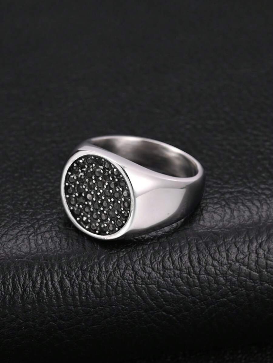 1pc Fashion Hip Hop Stainless Steel Black Zirconia Round Geometric Cast Ring For Men, Vintage, Gothic Style, Jewelry Accessory - Silver - View 1