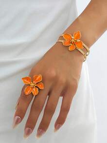 Juego de joyería para mujer con 1 anillo floral asimétrico de flor de cinco pétalos hecho a mano con efecto de aceite goteado en naranja brillante estilo vintage de verano y playa para vacaciones & 1 pulsera - Naranja - Ver 2