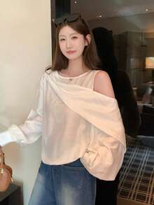 French Design Asymmetrical White Off-Shoulder Long Sleeve Blouse, Spring/Autumn New High-End Style Women's Shirt - White - View 4