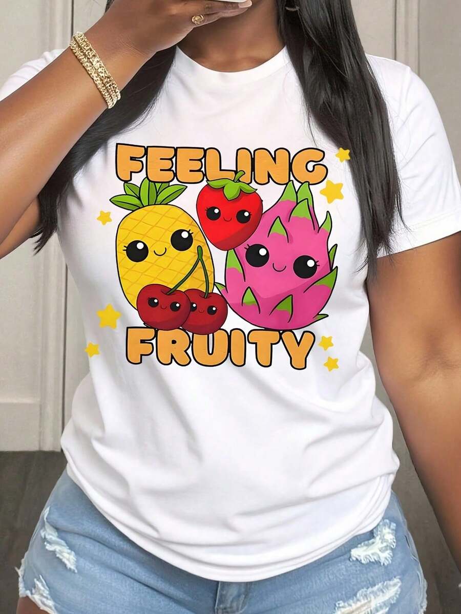 Women's Casual Loose Fit T-Shirt With Kawaii Fruit Print, Pineapple, Strawberry, Dragon Fruit And Cherry Design, Graphic T-Shirt For Everyday Summer Wear - 白色 - 查看 1