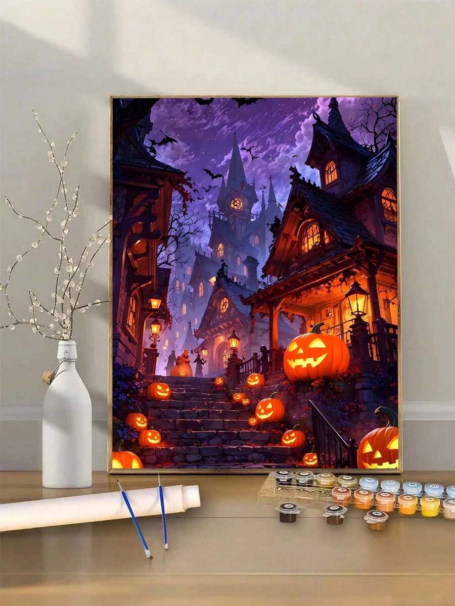 Halloween Pumpkin Castle DIY Number Painting Canvas Art Handmade Adult Home Wall Decor Holiday Birthday Gift Unique Artistic Room Decoration Set - Sets - View 1