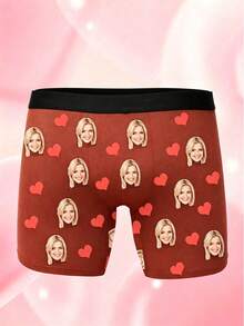 1pc Men's Customized Photo Print Red Heart Pattern Black Elastic Breathable Funny Personalized Boxing Style Boxer Briefs, Suitable As Gift - Multicolor - View 3